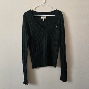 American Eagle Y2K 2000 V Neck Cable Knit Embroidered Old Money Academia Sweater